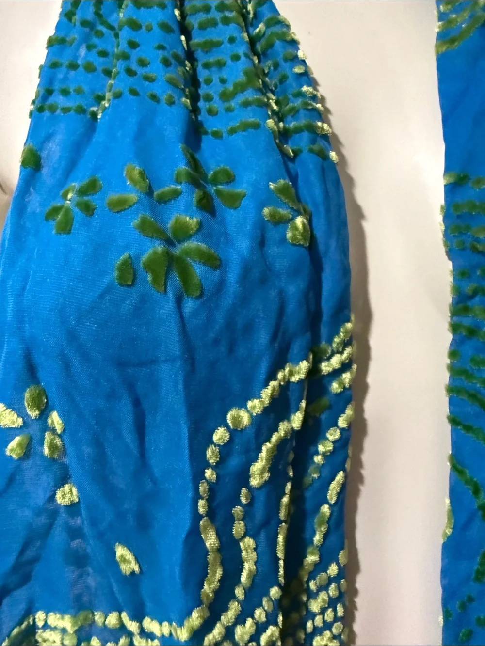Velvet Scarf Hand-Dyed Sky Blue Burnout Scarf: Silk Rayon Devore Beaded Fringe